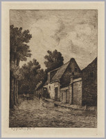 KG 08198
<br/>
Huizen aan een straatje met kinderen bij een kar
<br/>
<em>Grootens, Adrianus Johannes (1864-1957)</em>